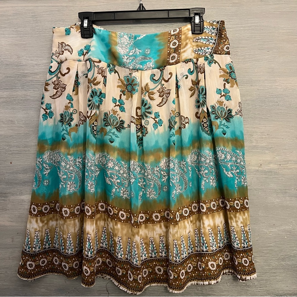 K‎ & Company Aqua Brown Flowy Sheer Lined Skirt Size 14 Good Condition